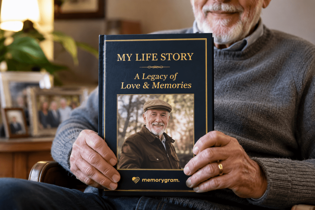 Memorygram Legacy Book hardcover memoir held by an older man — 2026 review