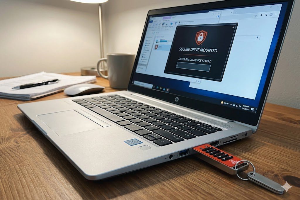 Omni DataSafe USB drive plugged into a silver MacBook Air.