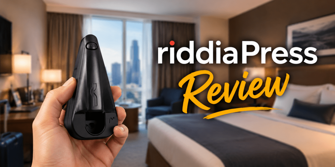 Riddiapress Review (2026): Is This Cordless Travel Iron Actually Worth It? 5 A person holding the black riddiaPress cordless travel iron in a hotel room.