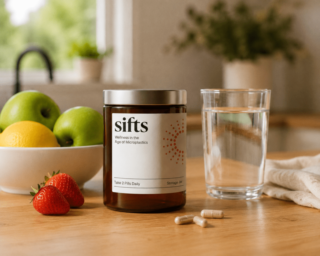 Sifts Microplastic Support supplement in a reusable glass jar.
