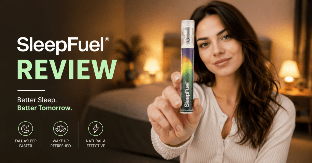 Author holding a bottle of SleepFuel liquid sleep drops in the bedroom.