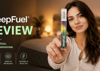 Author holding a bottle of SleepFuel liquid sleep drops in the bedroom.