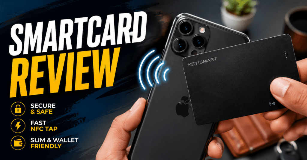 SmartCard Review: Is It The Best Digital Business Card? (Tested) 4 Person tapping a SmartCard NFC digital business card to an iPhone to share contact info.