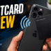 Person tapping a SmartCard NFC digital business card to an iPhone to share contact info.
