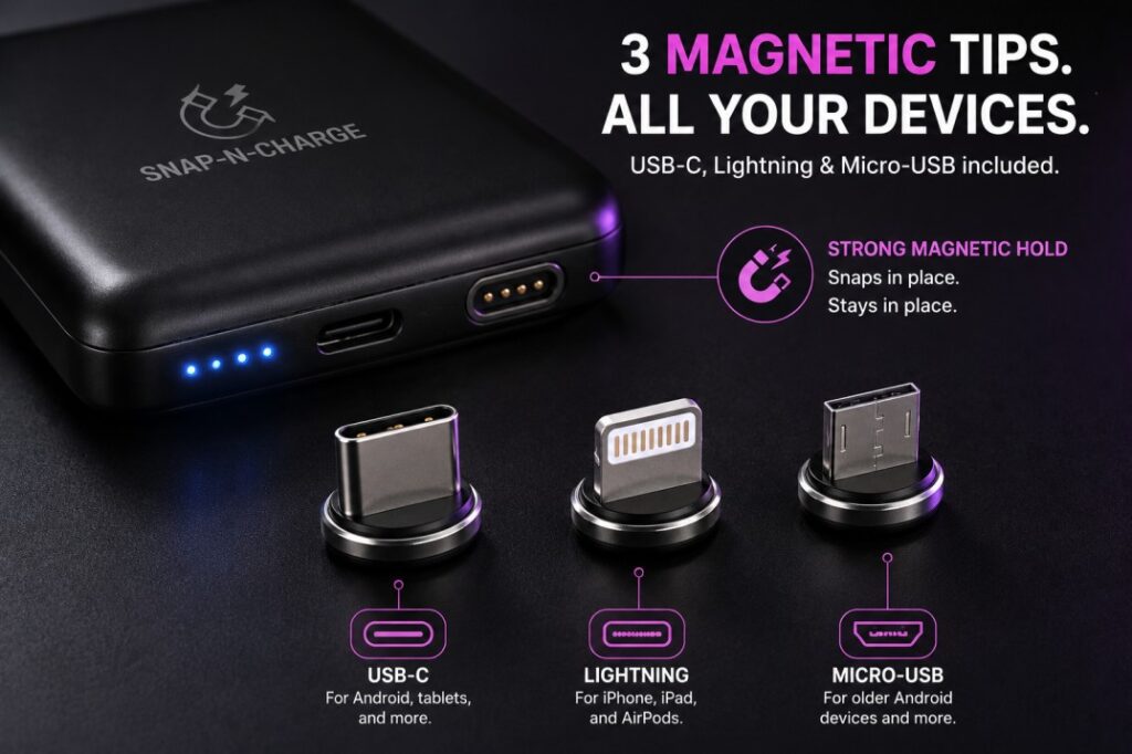 Snap-N-Charge Review: I Tested The Viral Magnetic Power Bank 6 The three interchangeable magnetic charging tips included with the Snap N Charge portable battery.