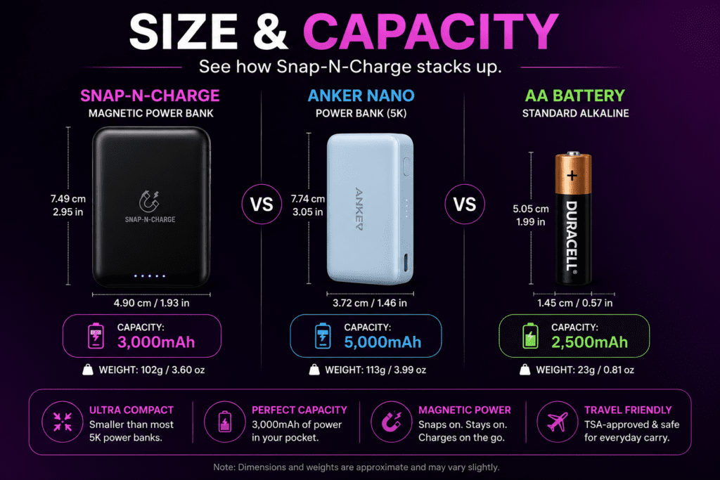 Snap-N-Charge Review: I Tested The Viral Magnetic Power Bank 7 Size and specs comparison chart between Snap-N-Charge, Anker Nano, and standard batteries.