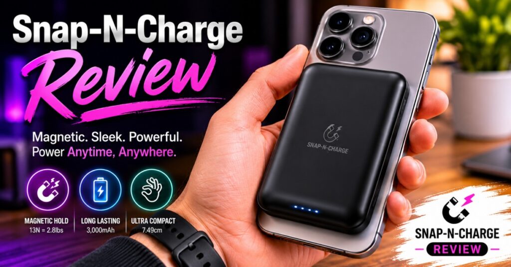 Snap-N-Charge Review: I Tested The Viral Magnetic Power Bank 4 User holding an iPhone with the compact Statik Snap-N-Charge magnetic power bank attached.