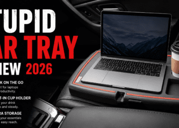 Stupid Car Tray sitting level on a passenger seat holding a laptop.