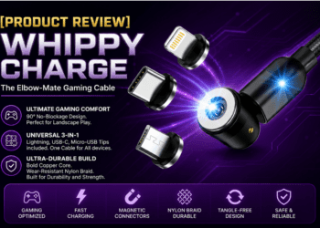 Whippy Charge cable review showing the liquid silicone design next to a smartphone.