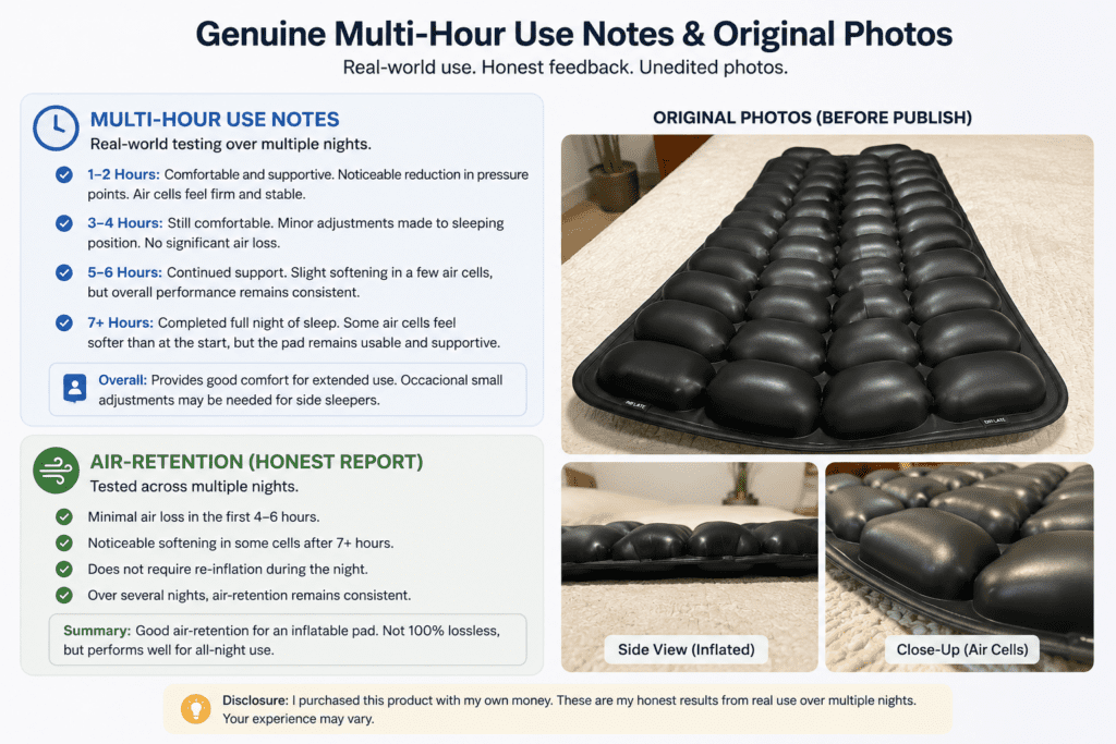 genuine multi-hour use notes and original photos before publish; report air-retention honestly.