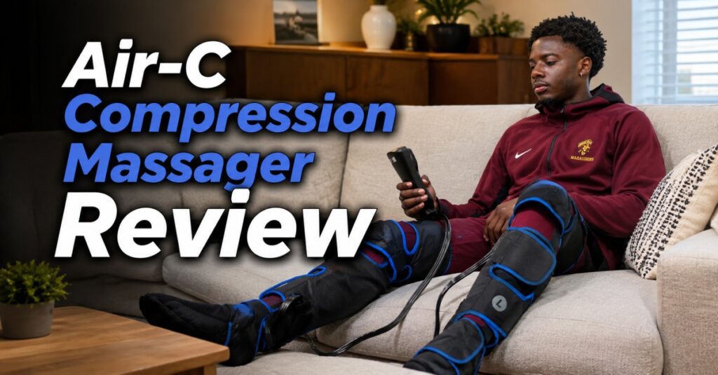 Air-C Compression Massager Review: Read This Before You Buy 3 "Person relaxing using the Air-C Compression Massager on their legs"