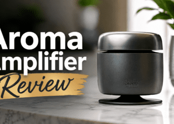 Aroma Amplifier waterless diffuser review unit on a kitchen counter.