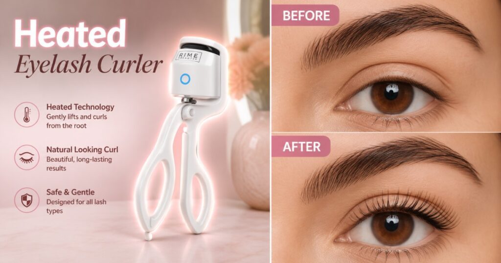 Bime Beauty Heated Eyelash Curler Review: Scam or Your New Holy Grail? 3 Bime Beauty heated eyelash curler side-by-side before and after results on straight eyelashes.