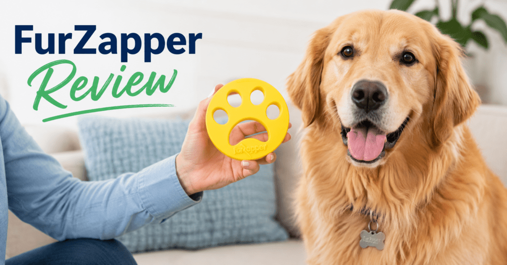 FurZapper Review (2026): Does This Sticky Silicone Gadget Actually Remove Pet Hair? 4 Woman holding yellow FurZapper pet hair remover next to golden retriever