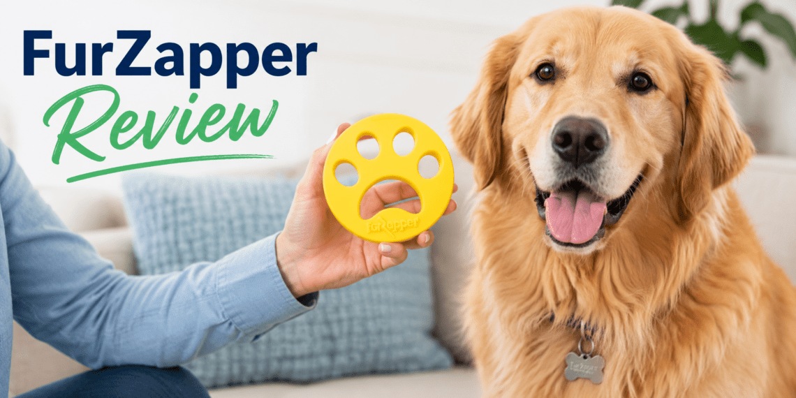 Furzapper Review (2026): Does This Sticky Silicone Gadget Actually Remove Pet Hair? 5 Woman holding yellow FurZapper pet hair remover next to golden retriever