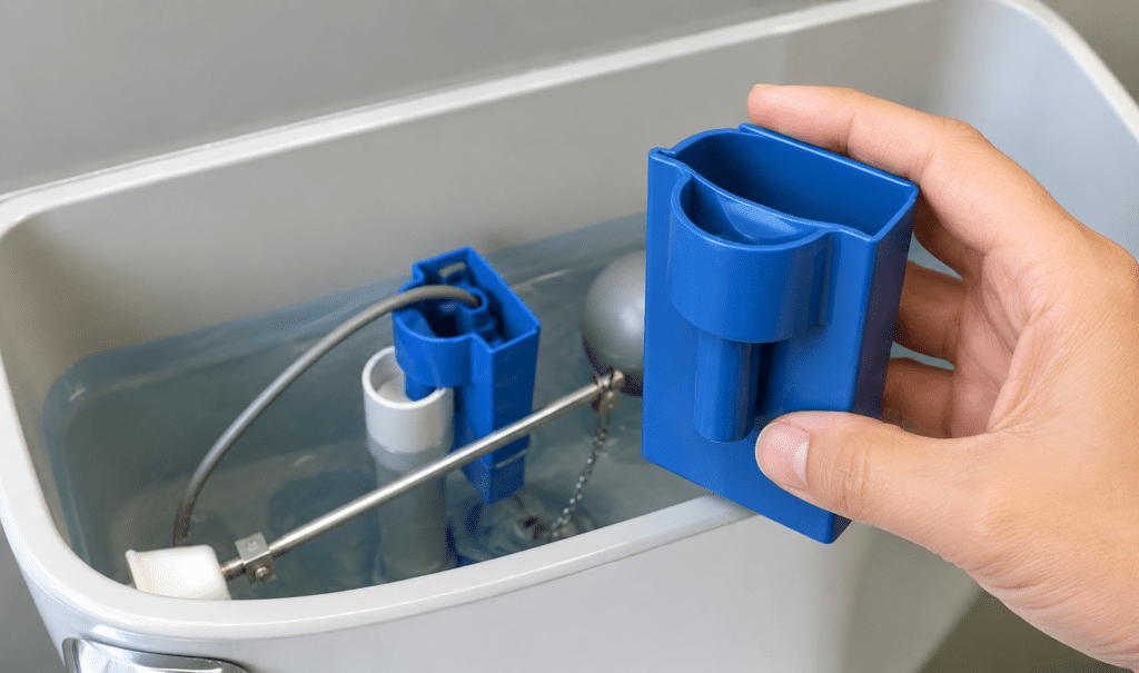 Happy Toilet Cleaner Review (2026): Does It Really Work? 6 Placing the Happy Toilet Cleaner tablet into the toilet tank away from the flapper.