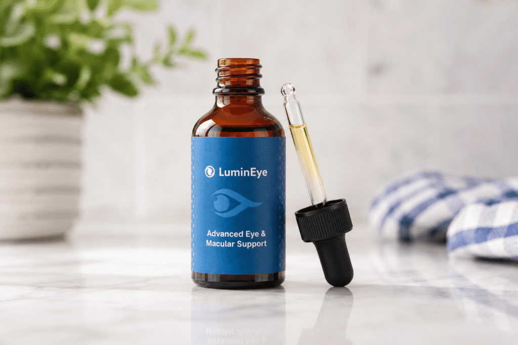 Lumineye bottle and dropper showing the formula.