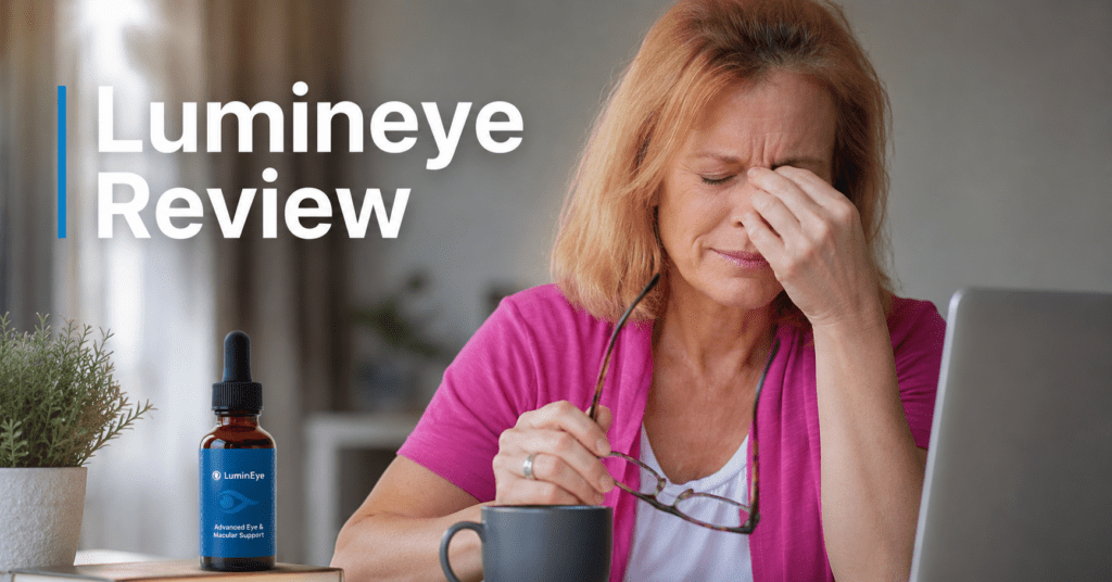 Lumineye Review (2026): Is It Legit? Claims vs. Owner Reports 3 Office worker experiencing digital eye strain before using Lumineye drops.