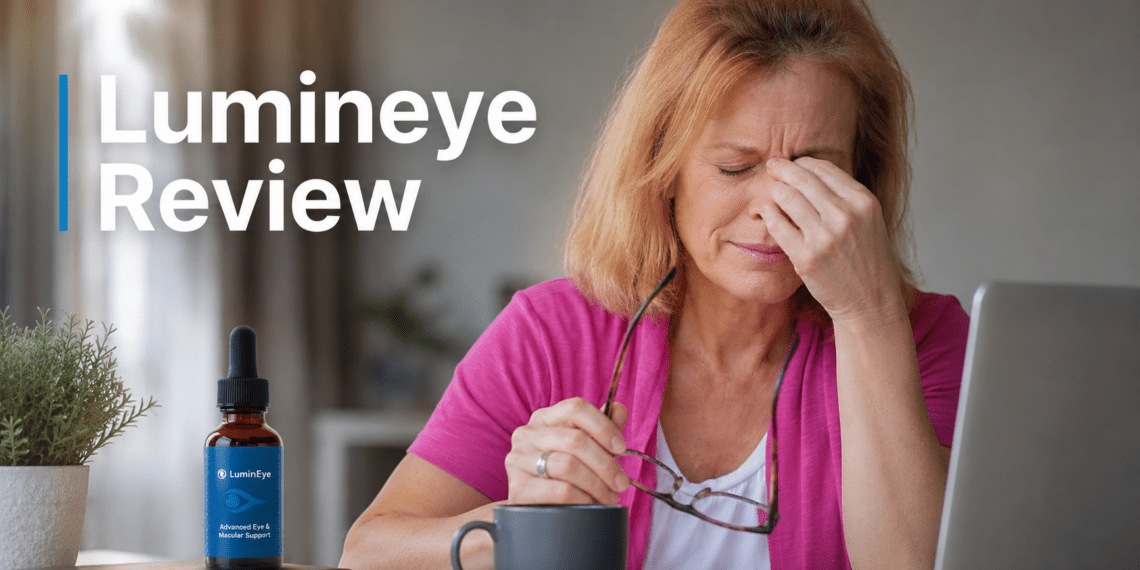 Office worker experiencing digital eye strain before using Lumineye drops.