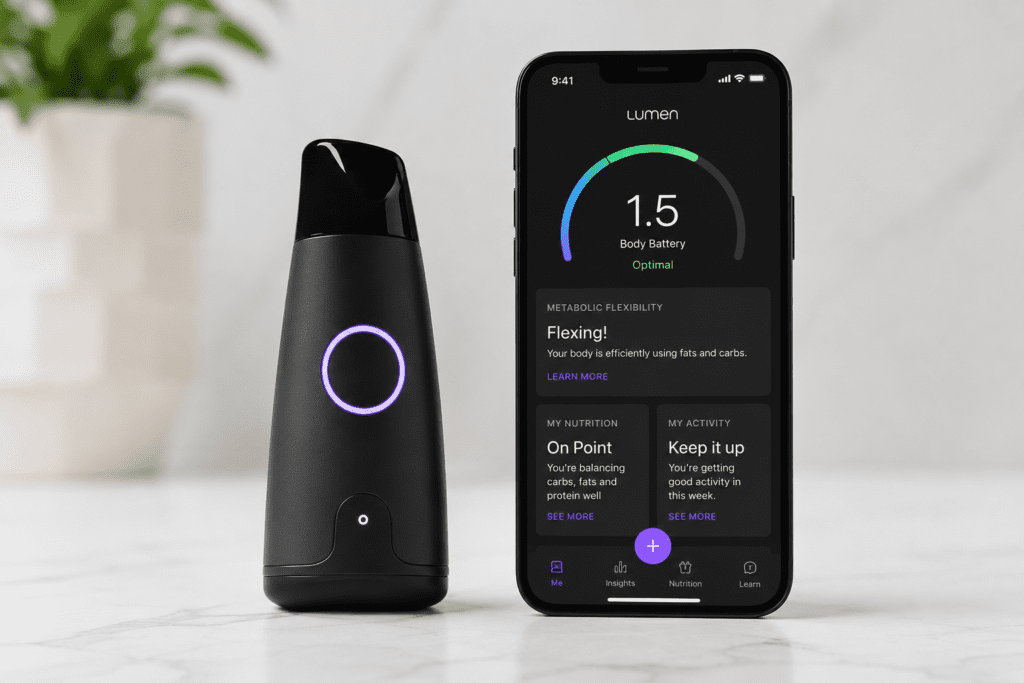 original photo of the Lumen device and app reading