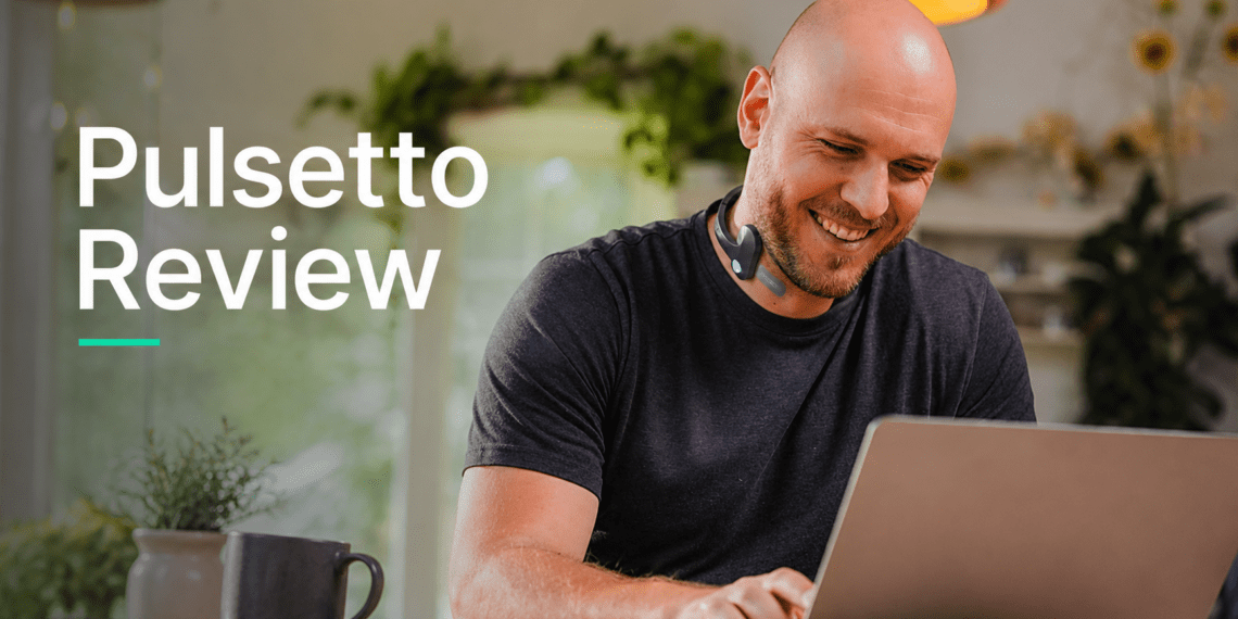 Honest Pulsetto Review: Does This Vagus Nerve Stimulator Actually Work? 5 Professional woman wearing Pulsetto vagus nerve stimulator for stress relief at work