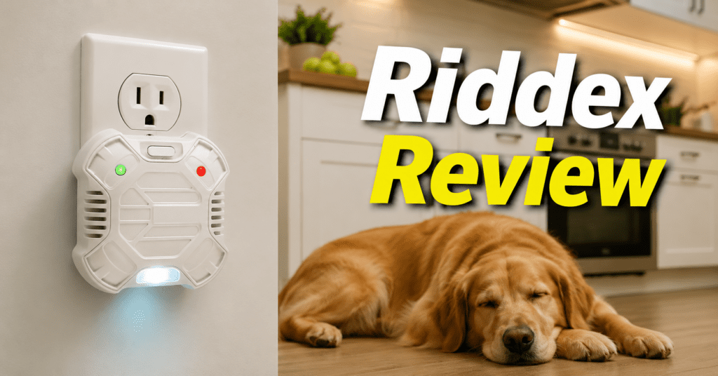 Riddex Review 2026: Does This Plug-In Pest Repeller Actually Work? 4 Riddex plug-in pest repeller operating safely in a kitchen with a pet dog nearby.