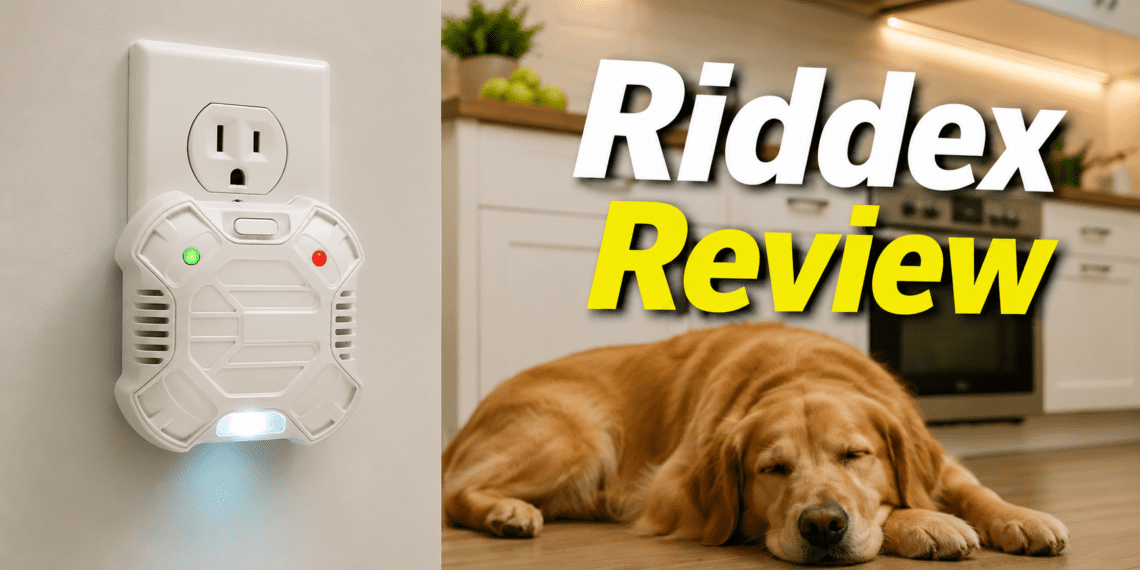 Riddex Review 2026: Does This Plug-In Pest Repeller Actually Work? 5 Riddex plug-in pest repeller operating safely in a kitchen with a pet dog nearby.