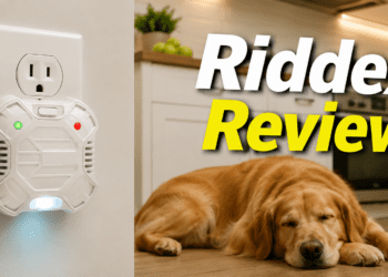 Riddex plug-in pest repeller operating safely in a kitchen with a pet dog nearby.