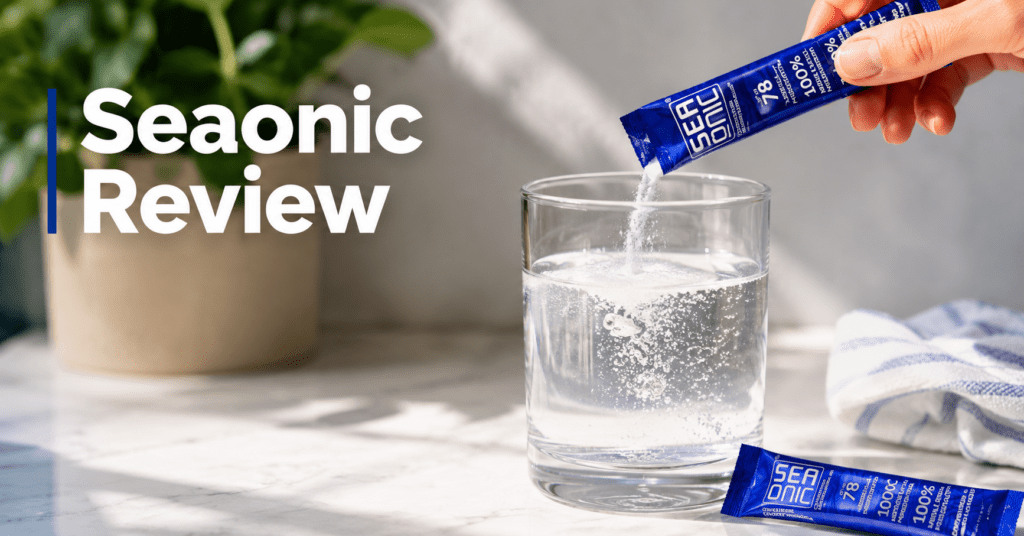 A person pouring a Seaonic liquid marine plasma sachet into a glass of water for pure hydration