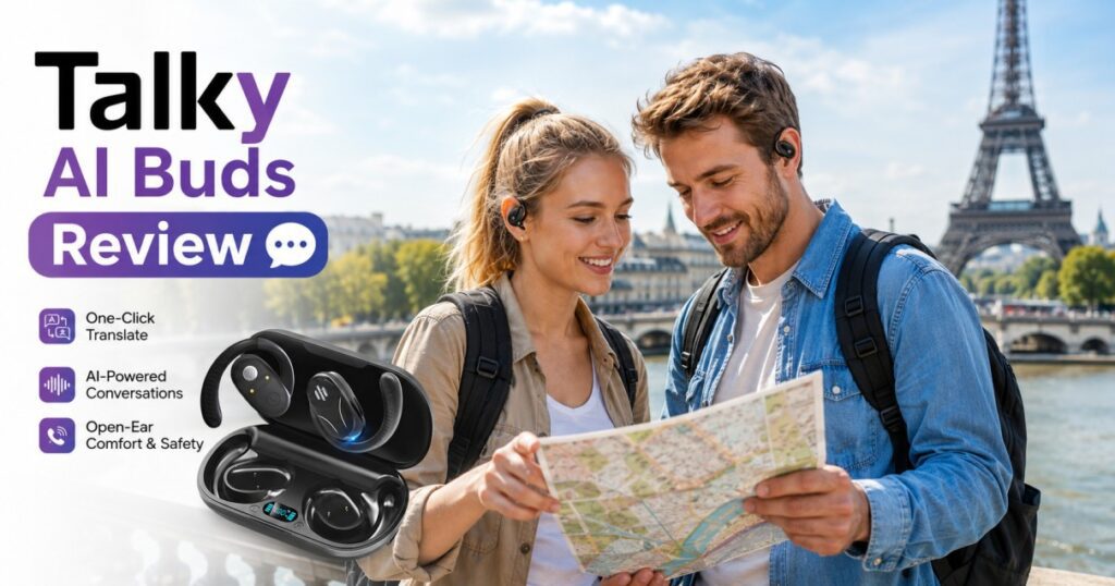 Talky AI Buds Review: Brilliant Travel Hack or Overhyped? (Honest Analysis) 3 Traveler using Talky AI Buds for real-time translation abroad