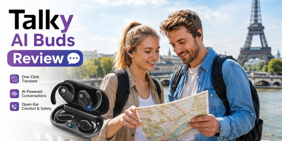 Talky Ai Buds Review: Brilliant Travel Hack Or Overhyped? (Honest Analysis) 5 Traveler using Talky AI Buds for real-time translation abroad