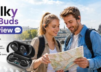 Traveler using Talky AI Buds for real-time translation abroad