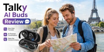 Traveler using Talky AI Buds for real-time translation abroad