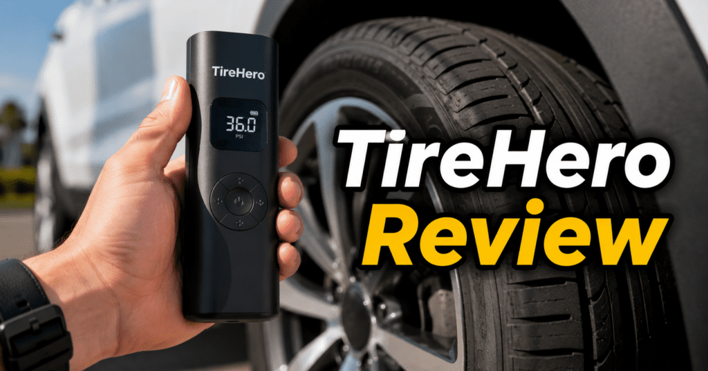 Person holding TireHero portable air compressor next to a car tire.