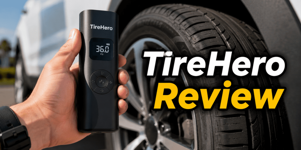 Tirehero Review: Is This Smart Portable Inflator Actually Worth It? 5 Person holding TireHero portable air compressor next to a car tire.