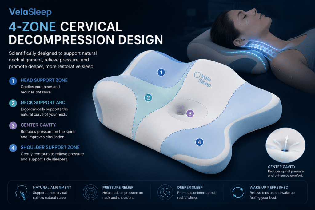 VelaSleep 4-zone Cervical Decompression Design showing neck support arc and center cavity