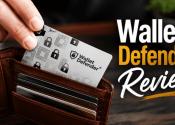 Wallet Defender RFID blocking card being placed into a leather wallet