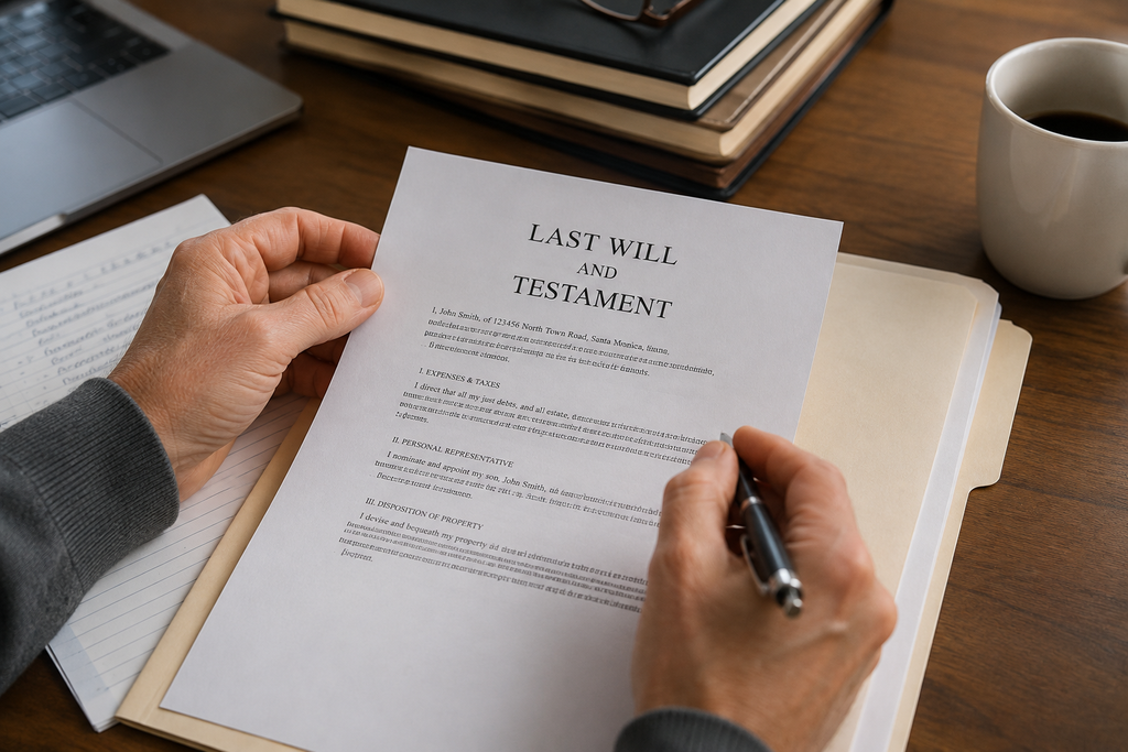 A person reviewing a printed will document before signing