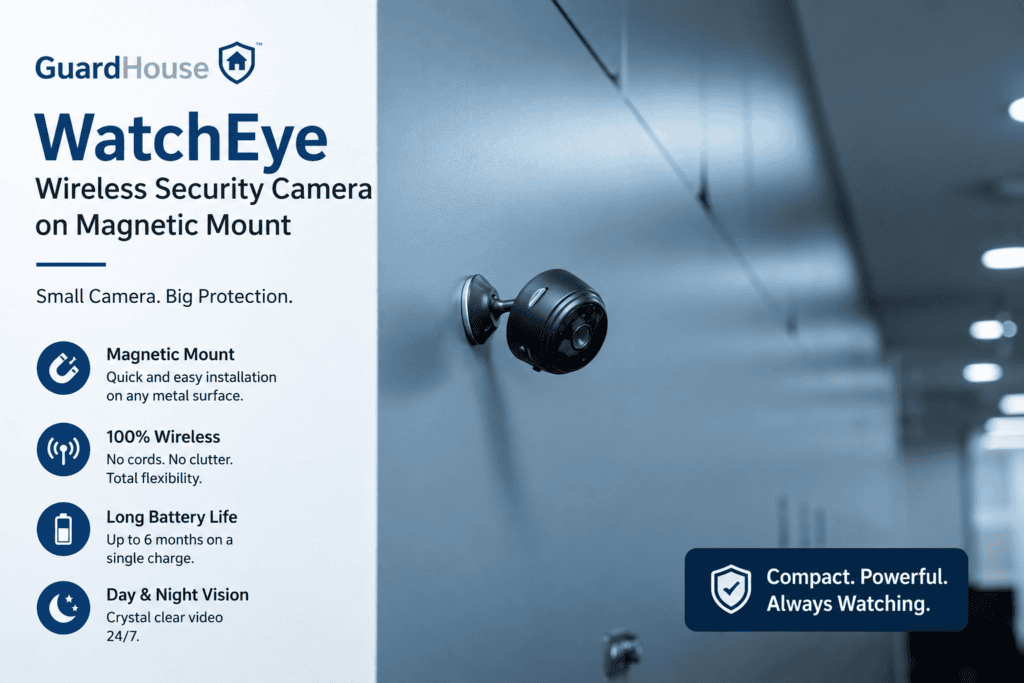 GuardHouse WatchEye wireless security camera on magnetic mount