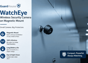 GuardHouse WatchEye wireless security camera on magnetic mount