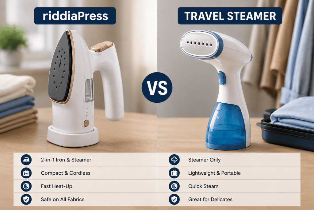 riddiaPress vs a Travel Steamer (2026): Which Actually De-Wrinkles Clothes? 1 riddiaPress vs a Travel Steamer