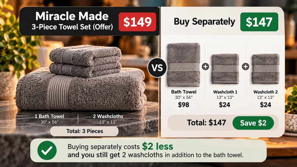 Miracle Towels Review: Worth $45, Or Get Them Free? 8 Bar chart comparing $149 Towel Set with $147 for separate pieces
